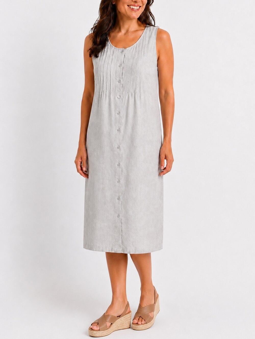 LL Bean 100% Linen Button Down Dress Sleeveless Pintuck Tan Beige Sz 12